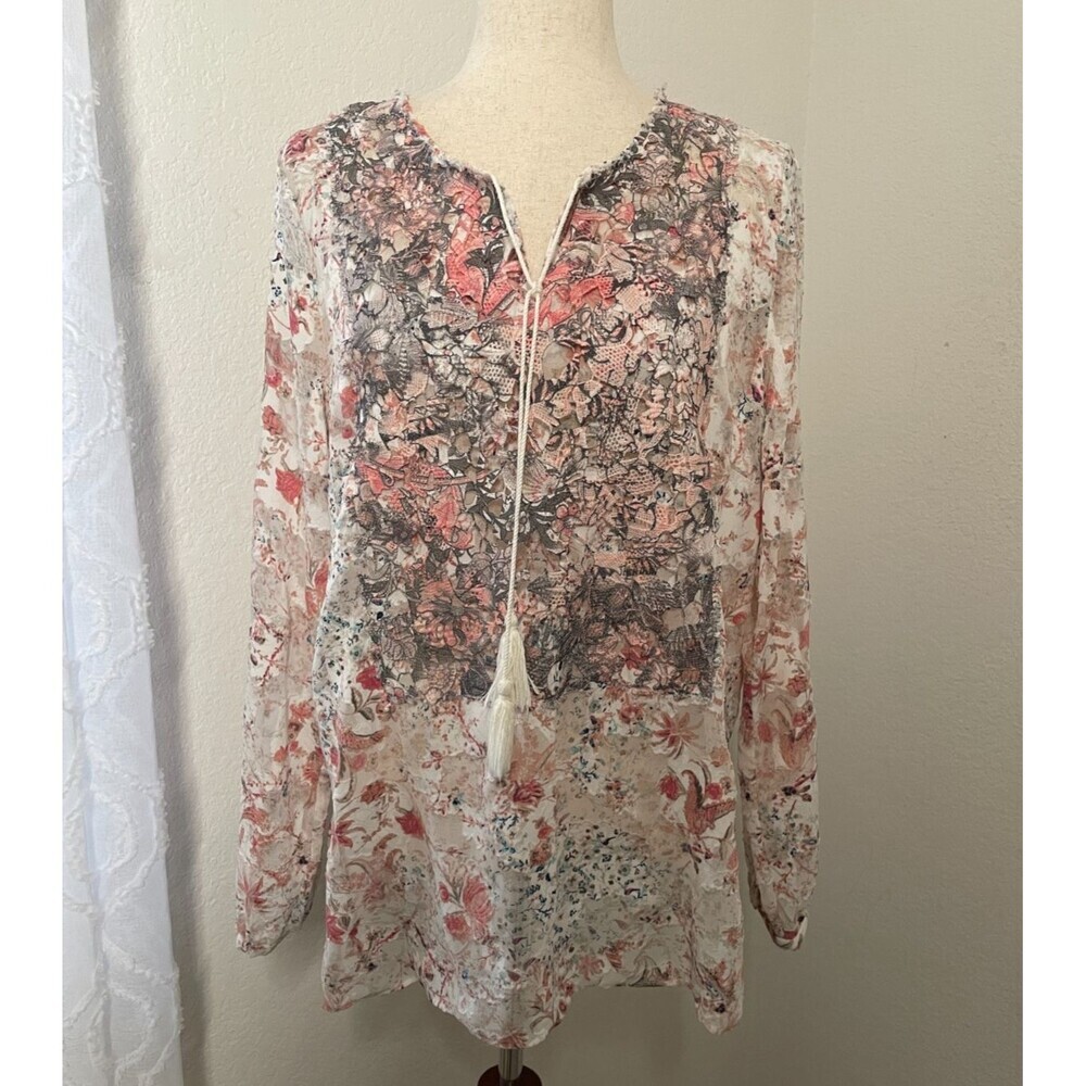 Womens Floral Boho Peasant Blouse Size Medium Tassel Romantic Whimsical Fairy